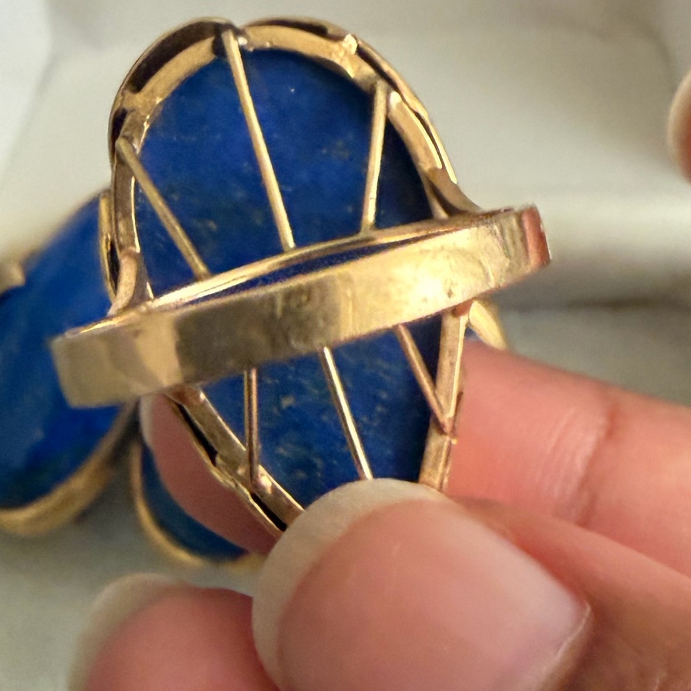 Vintage 14K Yellow Gold Lapis Lazuli Teardrop Ring and Matching Earrings Set - Picture 5 of 15